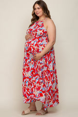 Red Printed Halter Smocked Waist Maternity Plus Maxi Dress