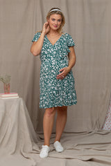 Teal Floral Wrap Front Flutter Sleeve Maternity Plus Dress