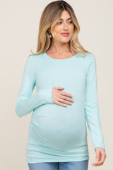 Aqua Blue Ruched Side Long Sleeve Maternity Top