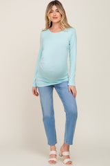 Aqua Blue Ruched Side Long Sleeve Maternity Top