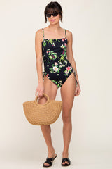 Black Floral Square Neck Side Drawstring One Piece Swimsuit