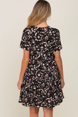 Black Floral Button Front Tiered Maternity Dress