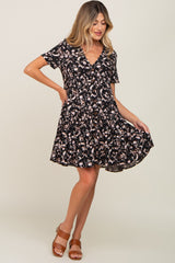 Black Floral Button Front Tiered Maternity Dress