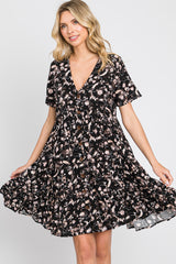 Black Floral Button Front Tiered Maternity Dress