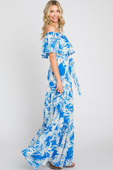 Blue Leaf Print Strapless Tiered Maxi Dress