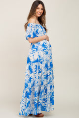 Blue Leaf Print Strapless Tiered Maternity Maxi Dress