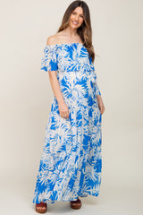 Blue Leaf Print Strapless Tiered Maternity Maxi Dress