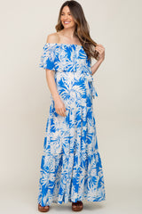 Blue Leaf Print Strapless Tiered Maternity Maxi Dress