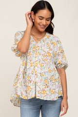 Aqua Floral V-Neck Short Puff Sleeve Maternity Top