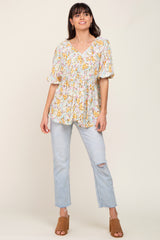 Aqua Floral V-Neck Short Puff Sleeve Top