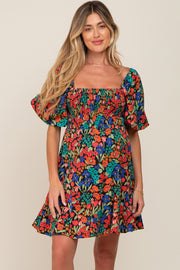 Black Multi-Color Floral Puff Sleeve Maternity Dress