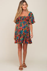 Black Multi-Color Floral Puff Sleeve Maternity Dress