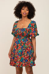 Black Multi-Color Floral Puff Sleeve Maternity Dress