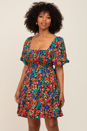 Black Multi-Color Floral Puff Sleeve Dress