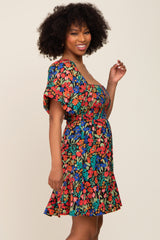 Black Multi-Color Floral Puff Sleeve Dress