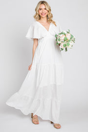 White Crepe Flounce Sleeve Tiered Maxi Dress