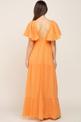 Orange Crepe Flounce Sleeve Tiered Maternity Maxi Dress