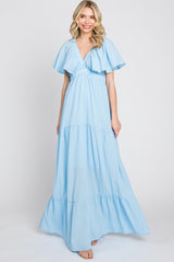 Light Blue Crepe Flounce Sleeve Tiered Maternity Maxi Dress