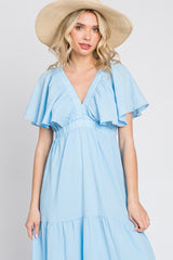 Light Blue Crepe Flounce Sleeve Tiered Maxi Dress