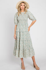 Mint Green Floral Smocked Tiered Midi Dress