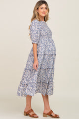 Blue Floral Smocked Tiered Maternity Midi Dress