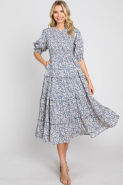 Blue Floral Smocked Tiered Midi Dress