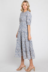 Blue Floral Smocked Tiered Midi Dress