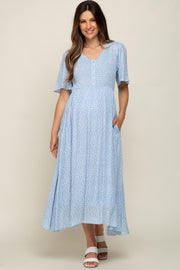 Blue Floral Button Front Smocked Flutter Sleeve Maternity Midi Dress