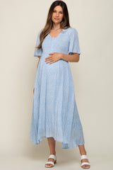 Blue Floral Button Front Smocked Flutter Sleeve Maternity Midi Dress