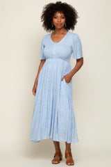 Blue Floral Button Front Smocked Flutter Sleeve Maternity Midi Dress