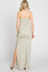 Mint Green Floral Side Slit Ruched Maxi Dress