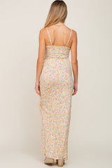 Yellow Floral Side Slit Ruched Maternity Maxi Dress