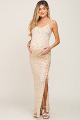 Yellow Floral Side Slit Ruched Maternity Maxi Dress