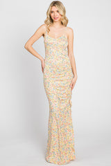 Yellow Floral Side Slit Ruched Maxi Dress