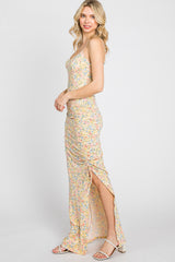 Yellow Floral Side Slit Ruched Maxi Dress