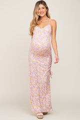 Pink Floral Side Slit Ruched Maternity Maxi Dress