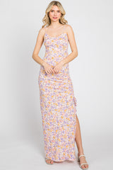 Pink Floral Side Slit Ruched Maxi Dress