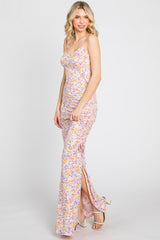 Pink Floral Side Slit Ruched Maxi Dress