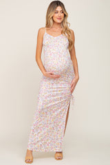 White Floral Side Slit Ruched Maternity Maxi Dress