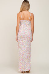 White Floral Side Slit Ruched Maternity Maxi Dress