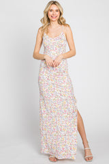 White Floral Side Slit Ruched Maxi Dress