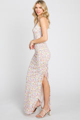 White Floral Side Slit Ruched Maxi Dress