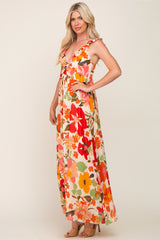 Red Floral Ruffle Accent Maxi Dress