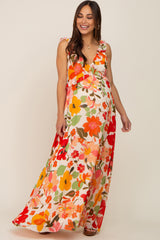 Red Floral Ruffle Accent Maternity Maxi Dress