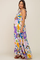 Purple Floral Ruffle Accent Maternity Maxi Dress