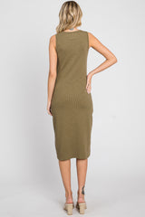 Olive Ribbed Button Front Midi Dress