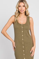 Olive Ribbed Button Front Midi Dress