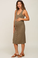 Olive Ribbed Button Front Maternity Midi Dress