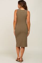 Olive Ribbed Button Front Maternity Midi Dress