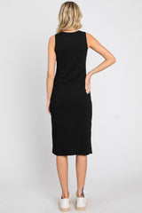 Black Ribbed Button Front Midi Dress